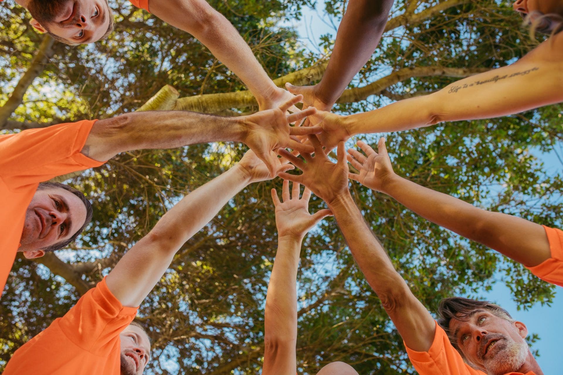 JunkMD+ crew in orange shirts joining hands in a circle under San Diego trees