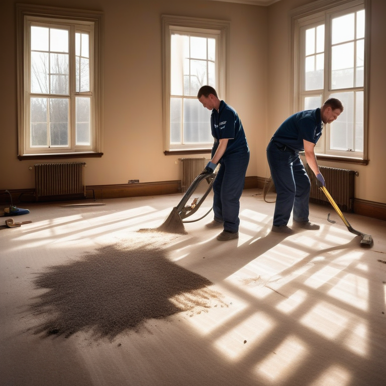 Professional team wearing uniforms while removing old carpet in a sunlit room, bare floorboards visible.