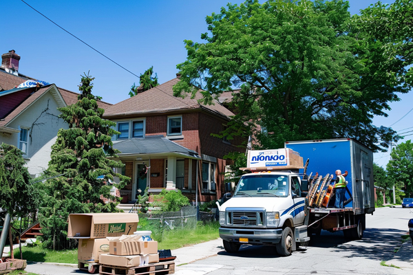 Professional movers in yellow safety vests loading furniture and boxes into a blue and white hauling truck on a residential neighborhood street.