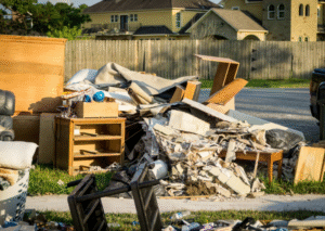 Large pile of bulk residential waste including wooden furniture, drywall debris, and household junk on a suburban curb for removal.